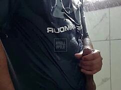 masked tattooed muscular man showers solo playing with toy till cum