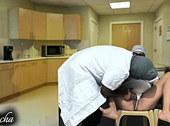 Doctor and nurse break time dirty talk leads to ass licking and pussy spreading