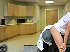 Doctor and nurse break time dirty talk leads to ass licking and pussy spreading