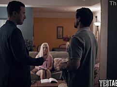 Skinny Russian Teen Stepdaughter Takes Double Penetration from Stepdad's Huge Cock