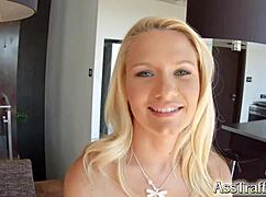 interviewing this 18yo blonde petite teen before hardcore anal fucking and cum swallow