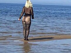 flashing my big tits and ass on beach feels so naughty