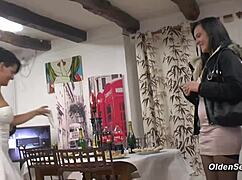 three mature milf ladies orgy with young babe sucking cocks after dinner