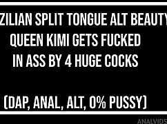 Brazilian split-tongue beauty queen Kimi takes four huge cocks in DAP anal ass pounding