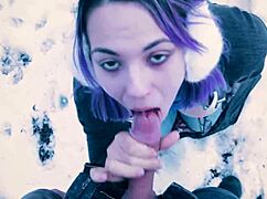 she kneels for that public blowjob right in the snowy city park