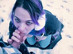 she kneels for that public blowjob right in the snowy city park