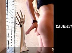 juicy larajuicy masturbates her big wet pussy lips with banana closeup on bathroom set