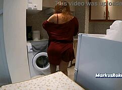 stepmom in kitchen says no sex but lets me jerk off on her fat ass... cumshot!