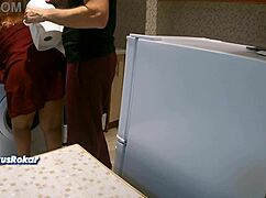 stepmom in kitchen says no sex but lets me jerk off on her fat ass... cumshot!