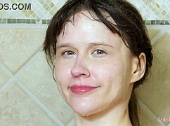 charming blonde teen steps into steamy shower after casting chat