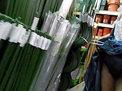 whoa hairy milf flashes pussy upskirt right in the shop!