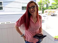 omg slim redhead olivia x 😍 pokes her shaved pussy w dildo then deepthroats cumshot!