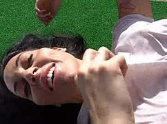 Tatted PAWG Bella Scorpion's fat ass shakes outdoors on Teddy Tarantino's monster cock.