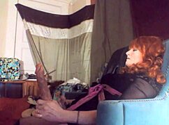 Sexy redhead tranny ms head gulps down her vibrating dildo