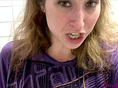 brunette sneaks into public bathrooms to pee through sweaty pantyhose