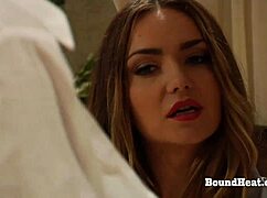 pale white sub with big natural tits kneels as lesbian slave while dom mistress whips her hard