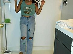 Latina soaks her jeans and panties then strips for a messy wet shower with big tits