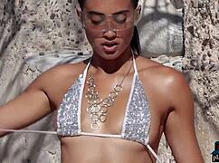 Petite Latina teen strips her tiny body outdoors