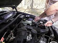 Bavarian nerd teen Emily's tiny pussy takes stranger's rough doggy creampie at broken car