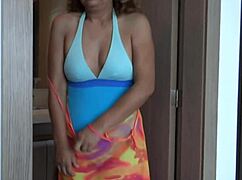 Stepmom's Bikini Slip On Beach Exposes Hairy Pussy Fat Ass Huge Tits