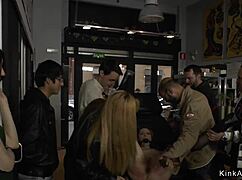 Clamped slut gets anal pounded hard in public view!