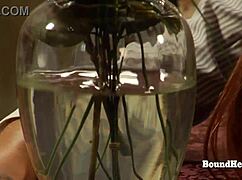 Tied lesbian slave screams from mistress's huge strapon pounding