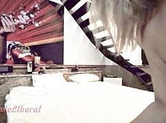 slut wife fucks friend in hotel buttplug blowjob cumswap for husband