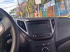 risky public bus stop masturbation has redhead shaking wildly outdoors in pov