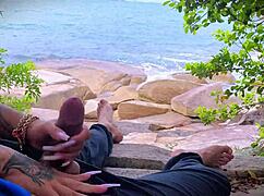 guy masturbates with handjob surprise cumshot on crowded beach