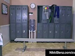 nikki benz wrestles naked with huge tits then blows and rides cock in threesome doggystyle