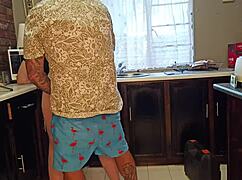 curvy brunette milf bends over kitchen counter begging for horny cumshot pounding