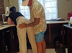 curvy brunette milf bends over kitchen counter begging for horny cumshot pounding