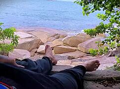 guy masturbates with handjob surprise cumshot on crowded beach