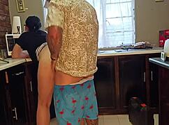 curvy brunette milf bends over kitchen counter begging for horny cumshot pounding