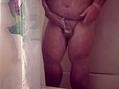 Guy with small cock bathes in steamy shower