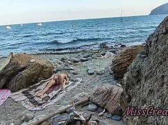 misscreamy flashes pussy on public beach groping fingering till risky squirting orgasm with stranger