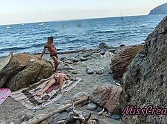 misscreamy flashes pussy on public beach groping fingering till risky squirting orgasm with stranger