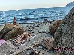 misscreamy flashes pussy on public beach groping fingering till risky squirting orgasm with stranger