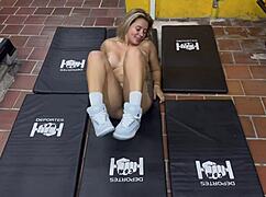 blonde colombian milf karen sleent strips naked at gym for joi pussy fingering workout
