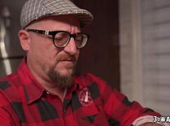 a cute tattooed teen babe chokes on two cocks in rough mmf threesome