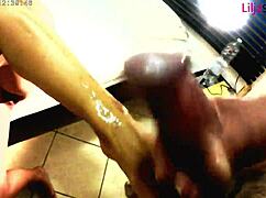 Bound slave endures mistress ball kicking before painful feet cum handjob.