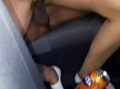 Kinky redhead driver catches passenger jerking huge cock in car backseat