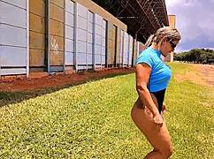 she shows off ass in public spots and takes it bareback til she pees cumming hard