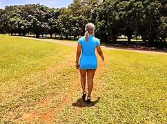 she shows off ass in public spots and takes it bareback til she pees cumming hard