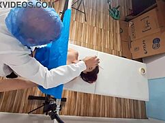 Blindfolded redhead patient squirts hard during kinky humiliating hospital gyno exam pov