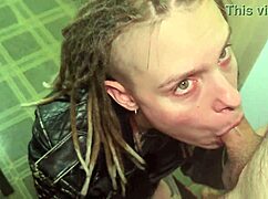 Her leather jacket got him so hard we smashed table with blowjob doggy mission