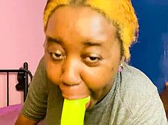 blonde babe grabs dildo and sucks it like a real cock