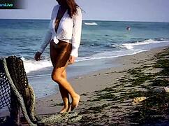 Big tits brunette Sensual Jane spreads legs for intense fingering MASTURBATION on beach outdoor with piercings solo