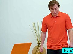 Pigtailed Blonde Teen Masseuse Glides Naked Body Over Horny Client