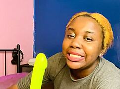 blonde babe grabs dildo and sucks it like a real cock